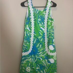 Lilly Pulitzer Green and Blue Dress with White Embroidery size 10